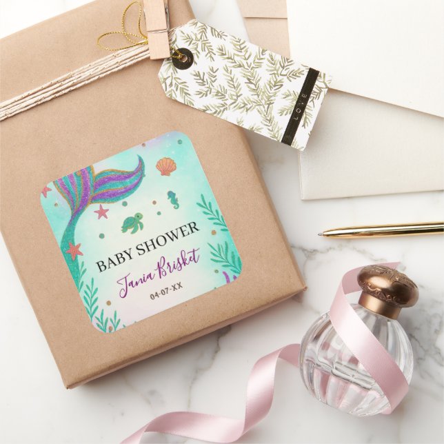 Glitzer Turquoise Mermaid Babydusche Quadratischer Aufkleber (Schenken)