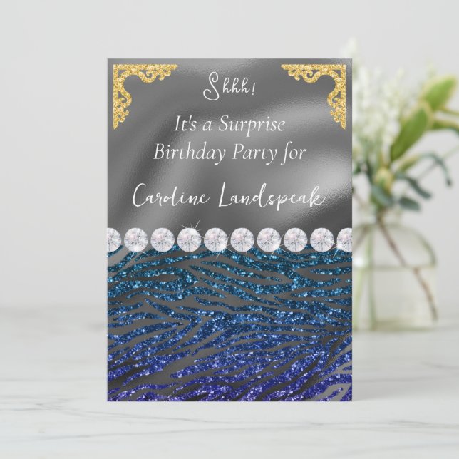 Glitzer Überraschung Geburtstag Blue Violet Zebra  Einladung (Stehend Vorderseite)
