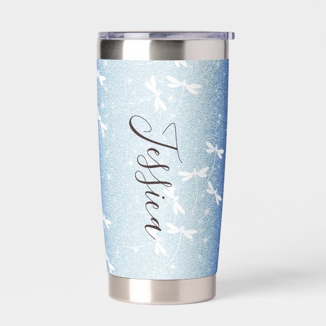 Glitzer und Libellen personalisiert Thermobecher (Links)
