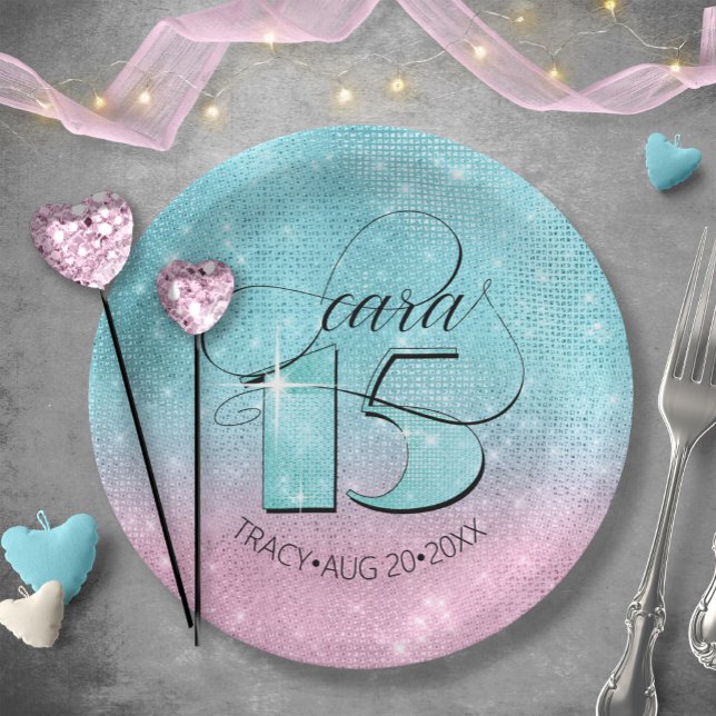 Glitzer und Shine Quinceanera Aquamarin/Rosa ID701 Pappteller (Von Creator hochgeladen)