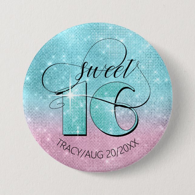 Glitzer und Shine Sweet 16 Aquamarin/Pink ID675 Button (Vorderseite)