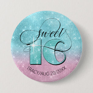 Glitzer und Shine Sweet 16 Aquamarin/Pink ID675 Button