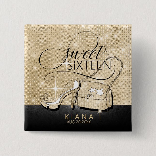 Glitzer und Shine Sweet 16 V2 Black/Gold ID675 Button (Vorderseite)