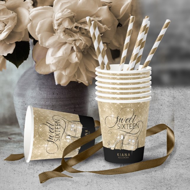 Glitzer und Shine Sweet 16 V2 Black/Gold ID675 Pappbecher (Von Creator hochgeladen)