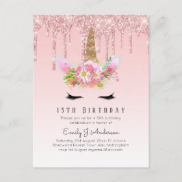 Glitzer Unicorn 13. Geburtstag Pink Gold Girls Postkarte