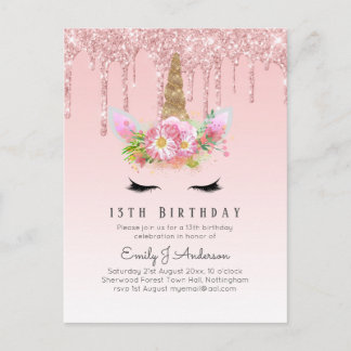 Glitzer Unicorn 13. Geburtstag Pink Gold Girls Postkarte