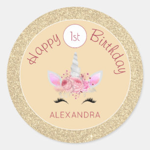 Glitzer Unicorn am 1. Geburtstag Runder Aufkleber