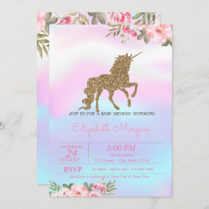 Glitzer Unicorn Bloral Holographic Baby Shower Einladung