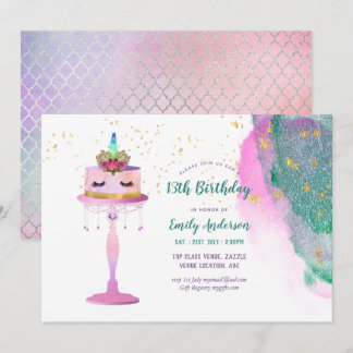 Glitzer Unicorn Cake Pink Gold Foil 13. Geburtstag Einladung