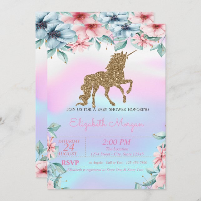 Glitzer Unicorn Holographic Floral Baby Shower Einladung (Vorne/Hinten)