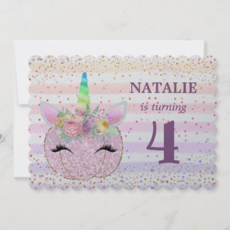 Glitzer Unicorn Pumpkin Girls 4. Geburtstag Einladung