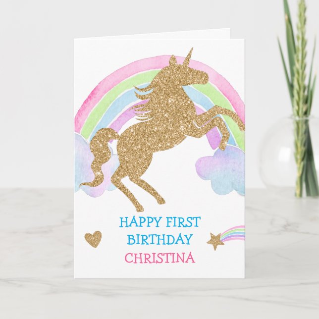 Glitzer Unicorn Rainbow Girl Birthday Karte (Vorderseite)