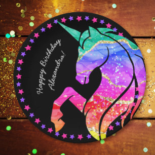 Glitzer Unicorn Rainbow mit Vorname Birthday v2 Pappteller