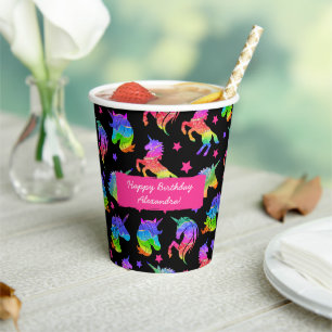 Glitzer Unicorn Rainbow mit Vorname Geburtstag Pappbecher