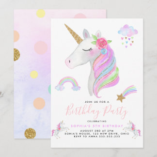 Glitzer Unicorn Rainbow Pastel Birthday Girl Einladung