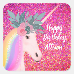 Glitzer Unicorn Rosa Sparkle Blumenfreude Geburtst Quadratischer Aufkleber