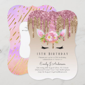 Glitzer Unicorn Rose Gold Rosa Dripping 13. Einladung