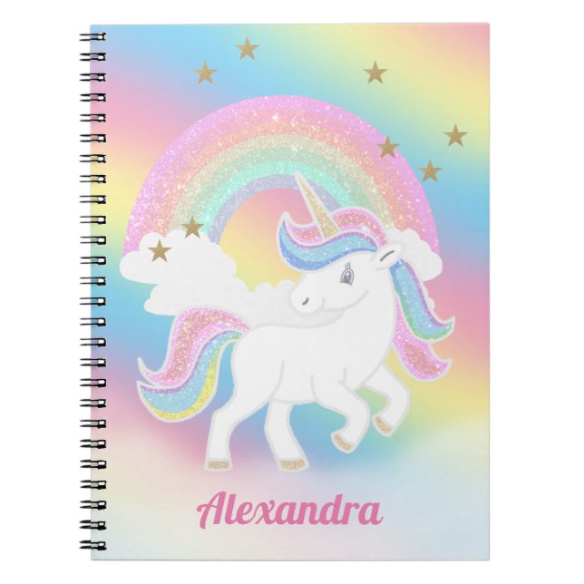 Glitzer Unicorn und Regenbogen mit Personalisierte Notizblock (Vorderseite)