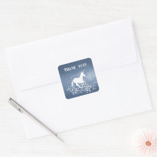 Glitzer Unicorn und Stars Vielen Dank | Blau Quadratischer Aufkleber
