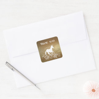Glitzer Unicorn und Stars Vielen Dank | Gold Quadratischer Aufkleber