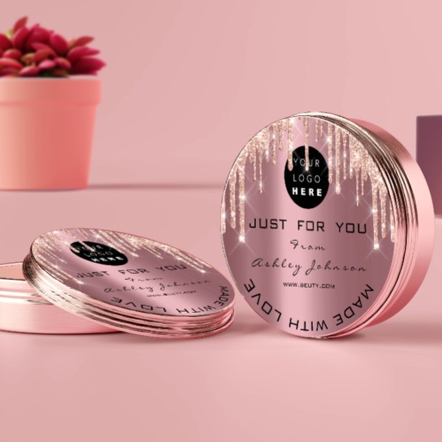 Glitzer Vielen Dank Logos Rose Tropfen aus Liebe r Runder Aufkleber (Glitter Thank Logo Rose Drips Made With Love Pink Classic Round Sticker)