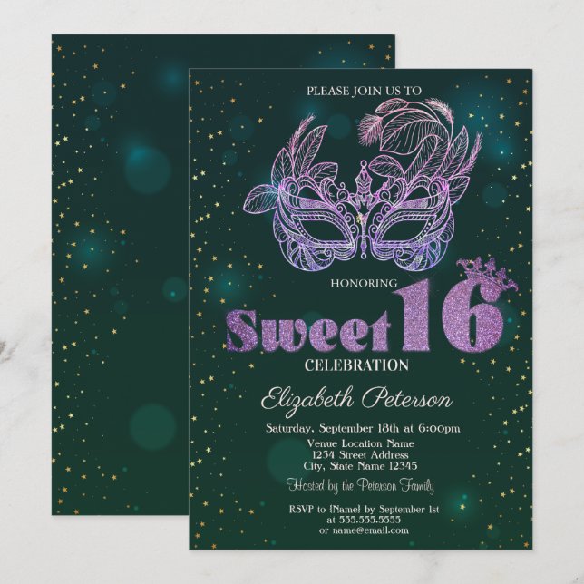 Glitzer Violet Masque Green Sweet 16 Einladung (Vorne/Hinten)