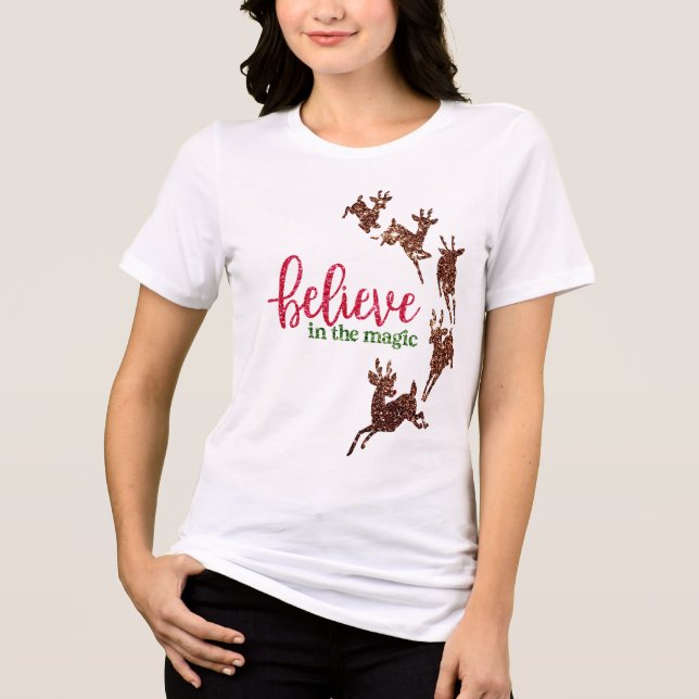 Glitzer Weihnachts-Shirt - T-Shirt "Glaube an die  Tri-Blend Shirt (Vorderseite)