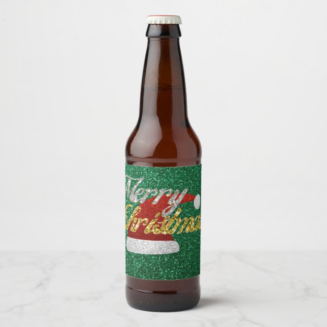Glitzer Weihnachtsmannmütze Bierflaschenetikett (Vorderseite)