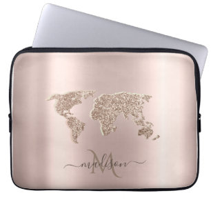 Glitzer Weltkarte Reise Roségold Monogramm Laptopschutzhülle