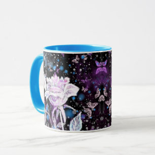 Glitzer White Rose und Schmetterlinge Kaffee Tasse