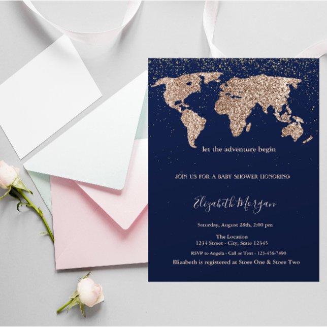 Glitzer World Map Confetti Navy Blue Baby Showdusc Einladung (Von Creator hochgeladen)
