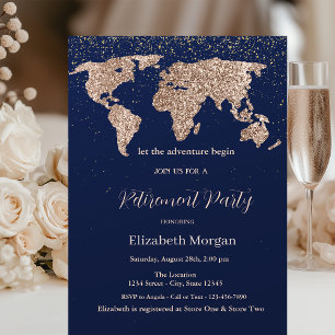 Glitzer World Map Confetti Navy Blue Retirement Einladung