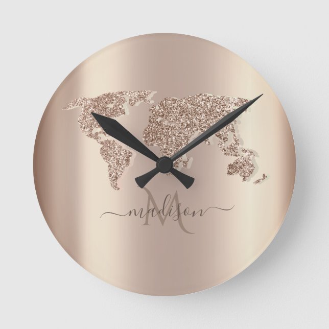 Glitzer World Map Travel Monogram     Runde Wanduhr (Vorderseite)