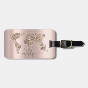 Glitzer World Map Travel Rose Gold Monogramm Gepäckanhänger