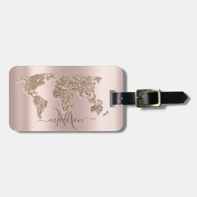 Glitzer World Map Travel Rose Gold Monogramm Gepäckanhänger (Vorderseite horizontal)