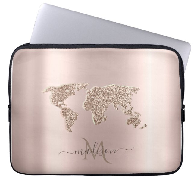 Glitzer World Map Travel Rose Gold Monogramm Laptopschutzhülle (Vorderseite)