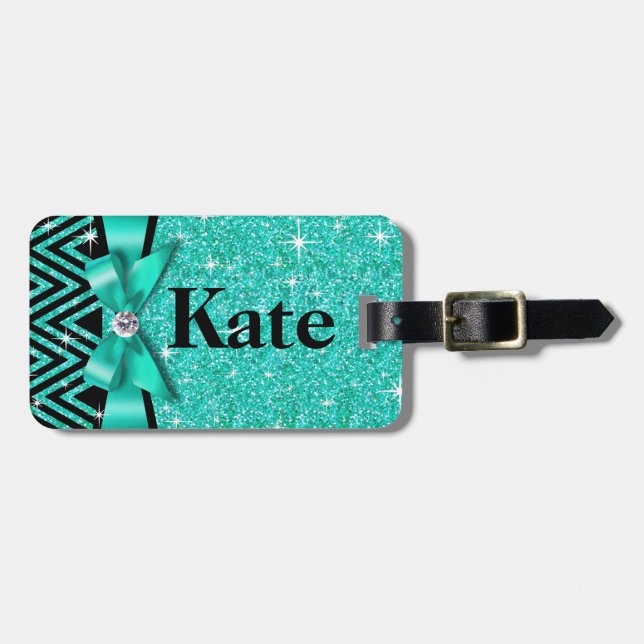 Glitzer Zickzack Bling Diamant-Bogen | aquamarin Gepäckanhänger (Vorderseite horizontal)