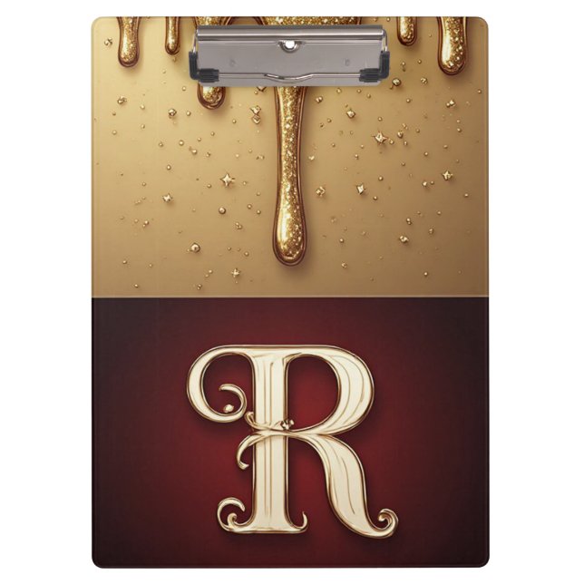 Glitzerbuchstabe R Monogramm mit tröpfelnder Flüss Klemmbrett (Vorderseite)