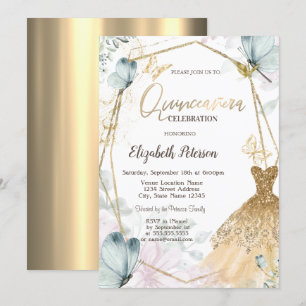 Glitzerkleid Blaue Schmetterlinge Gold Rahmen Einladung
