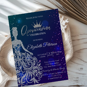 Glitzerkleid, Diadem, Blaue Sterne Quinceañera Einladung