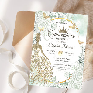 Glitzerkleid, Schmetterlingsrosen Grüne Quinceañer Einladung