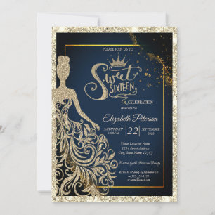 Glitzerkleid, Tiara Navy Blau Gold Glitter Einladung
