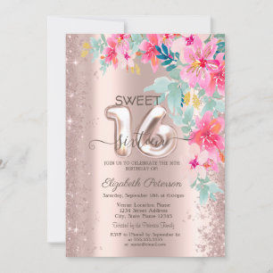 Glitzerkonfetti Frühlingsblumen Rose Gold Sweet 16 Einladung