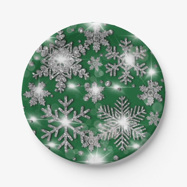 Glitzermuster mit silbergrünen festlichen Schneefl Pappteller (Vorderseite)
