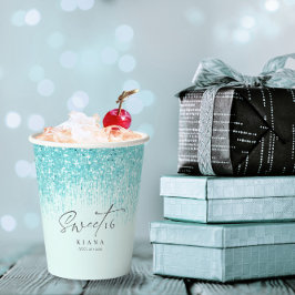 Glitzern 16 . Geburtstag Aquamarin ID912 Pappbecher