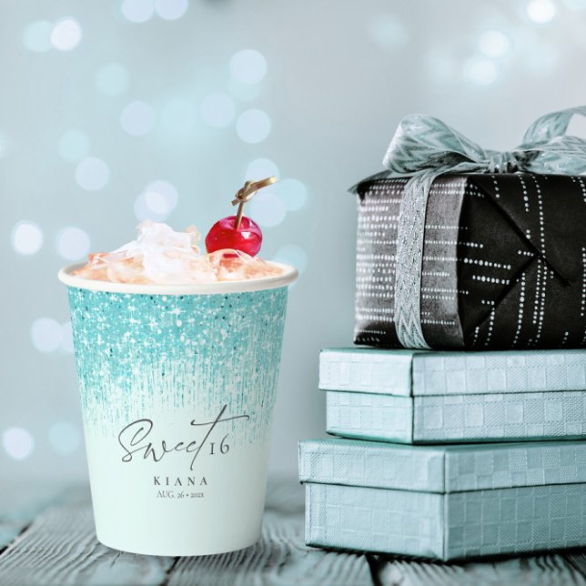 Glitzern 16 . Geburtstag Aquamarin ID912 Pappbecher (Von Creator hochgeladen)