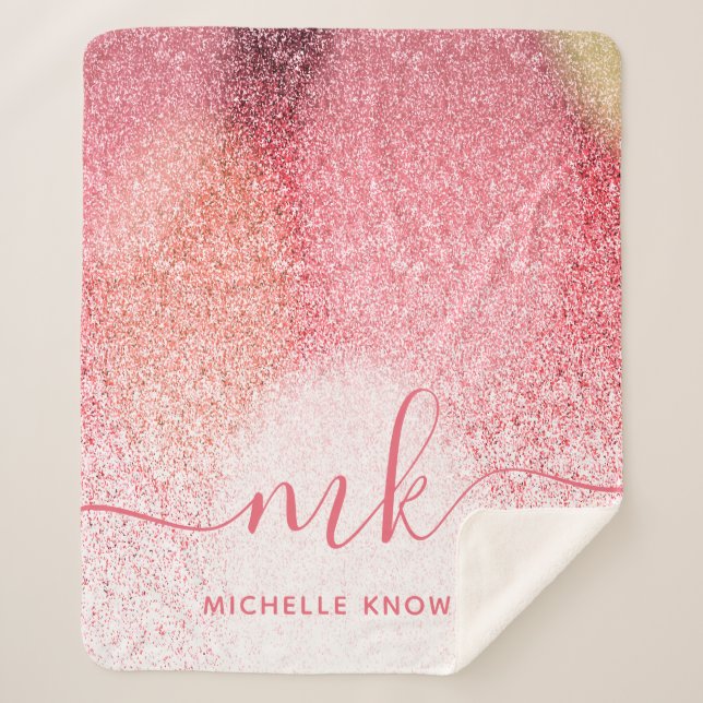 Glitzern Blush Pink Rose Mit Monogramm Script Sherpadecke (Vorderseite)