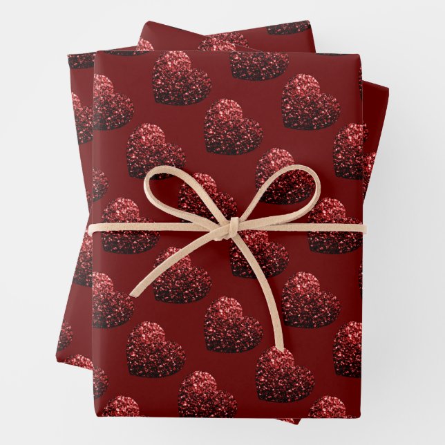 Glitzern des Herz-Glitzer-Musters dunkelrote Valen Geschenkpapier Set (Beispiel)