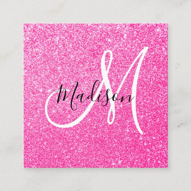 Glitzern Monogram für Girl & Glam Hot Pink Glitzer Quadratische Visitenkarte (Vorderseite)