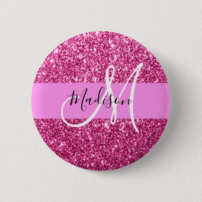 Glitzern Monogram für Girl und Glam Hot Pink Glitz Button (Vorderseite)
